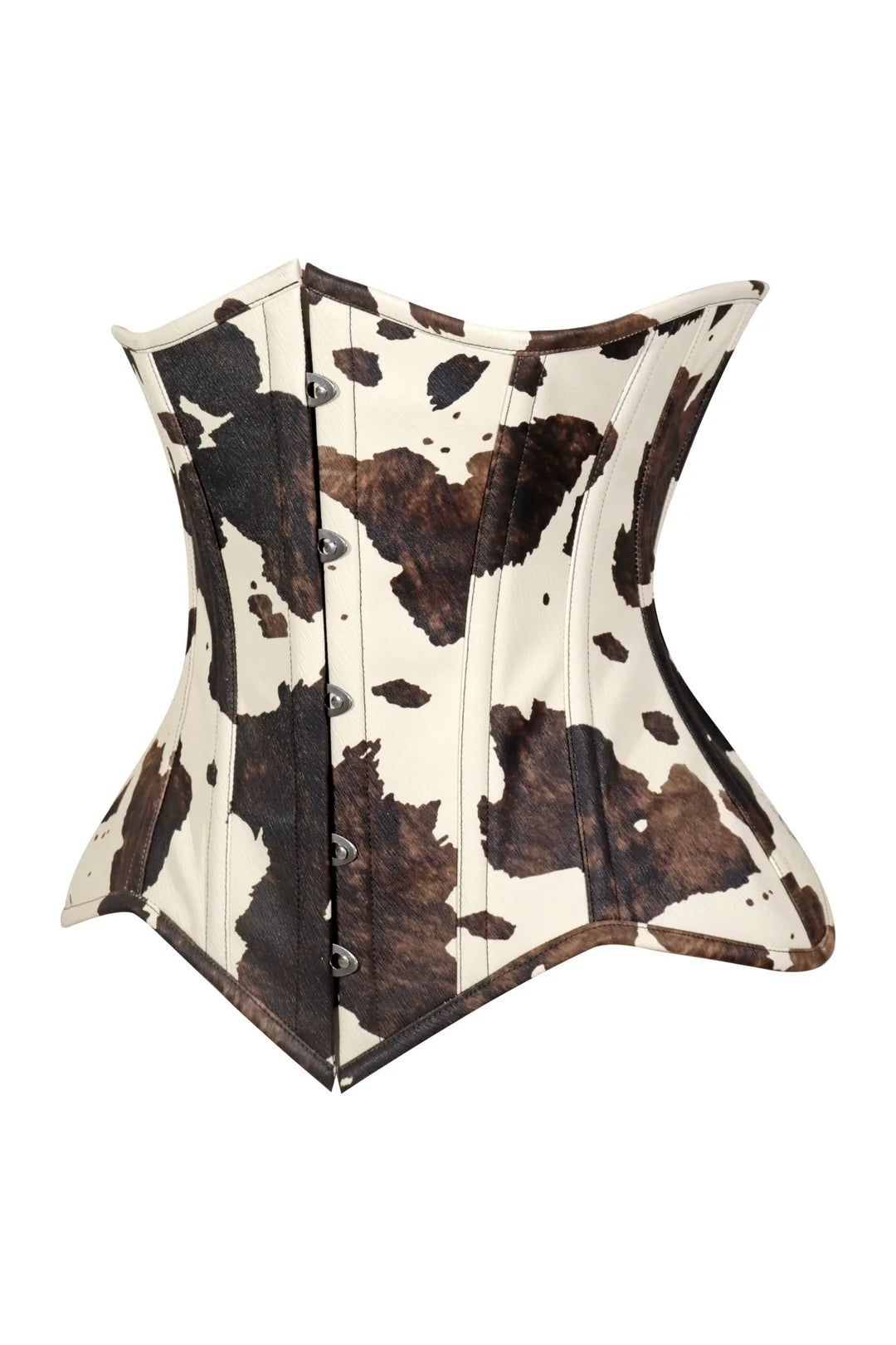 Lavish Brown/Cream Cow Print Faux Leather Underbust Waist Cincher Corset Top