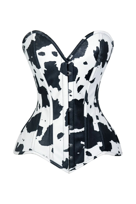 Lavish Black/White Cow Print Faux Leather Overbust Corset Top