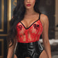 Lavish Black/Red Wet Look & Lace Bustier Corset w/Garters