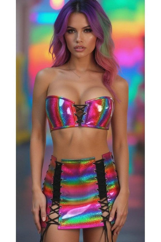 Lavish 2 PC Rainbow Glitter Bustier & Skirt Set