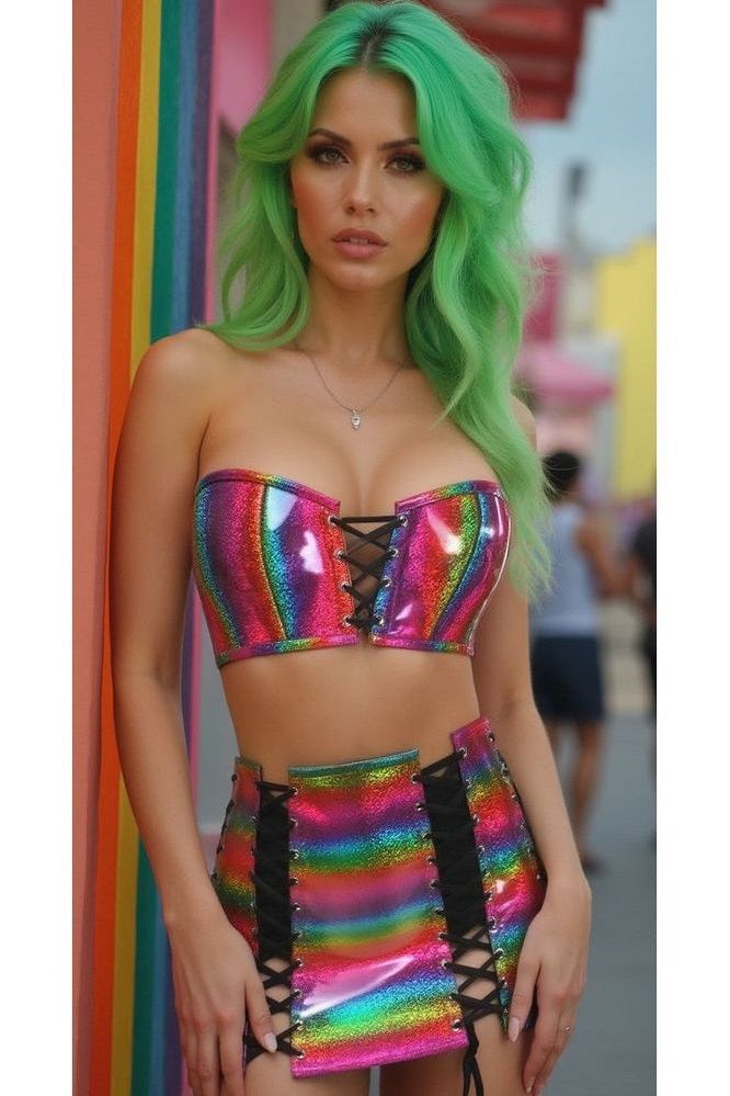 Lavish 2 PC Rainbow Glitter Bustier & Skirt Set