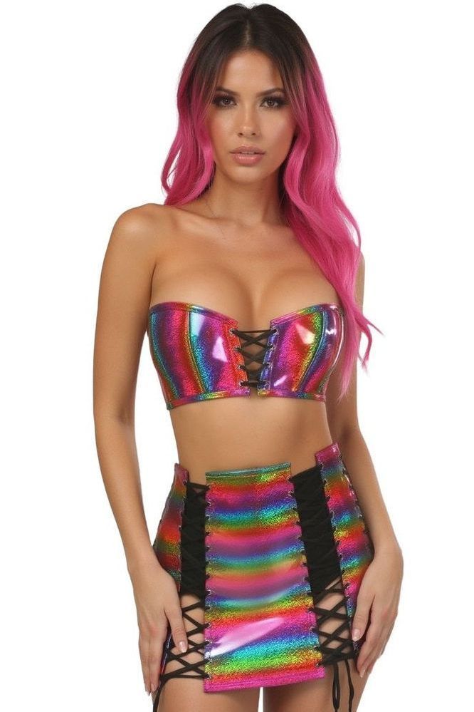 Lavish 2 PC Rainbow Glitter Bustier & Skirt Set