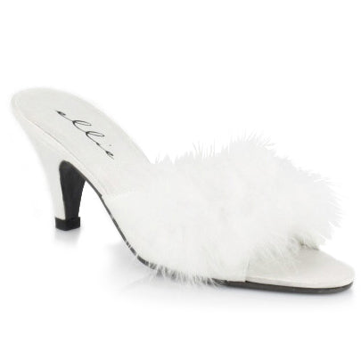 PHOEBE Ellie Shoes 2.5" Heel Satin Maribou Slippers. EXTENDED S 2 INCH HEEL