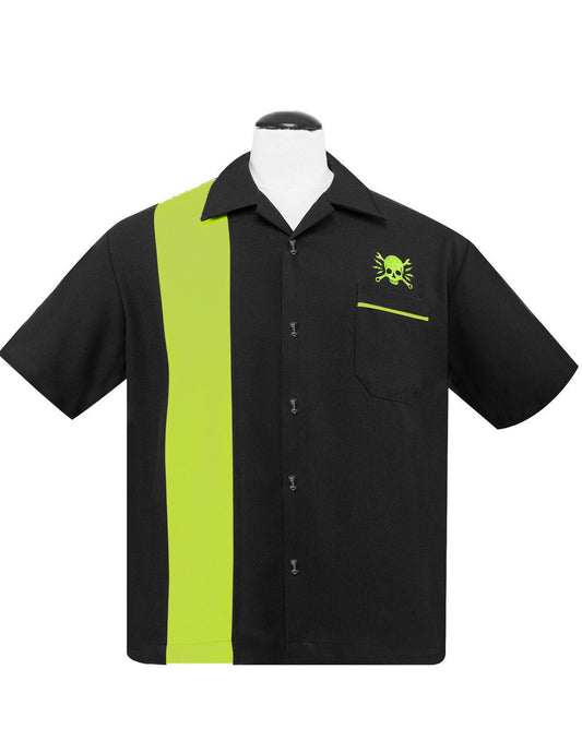 Black and green shirt on a mannequin with a white background