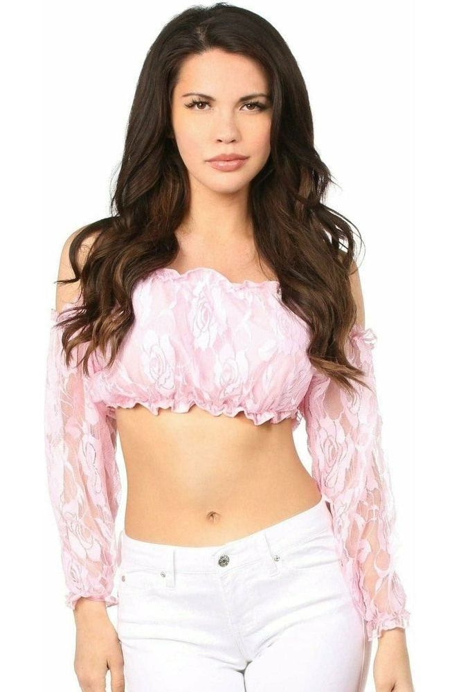 Baby Pink Lined Lace Long Sleeve Peasant Top