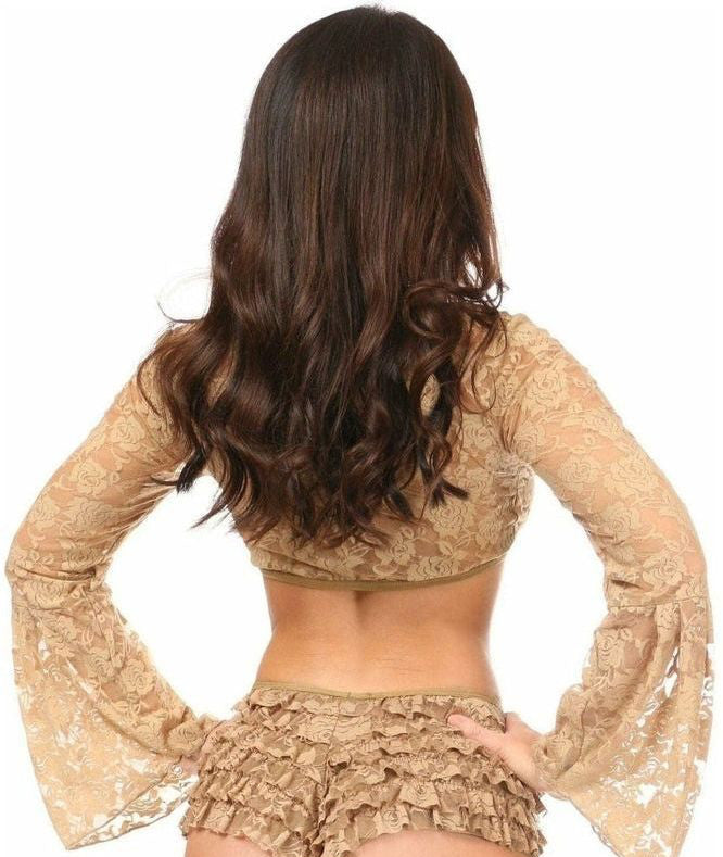 Beige Sheer Lace Bell Sleeve Peasant Top - Daisy Corsets