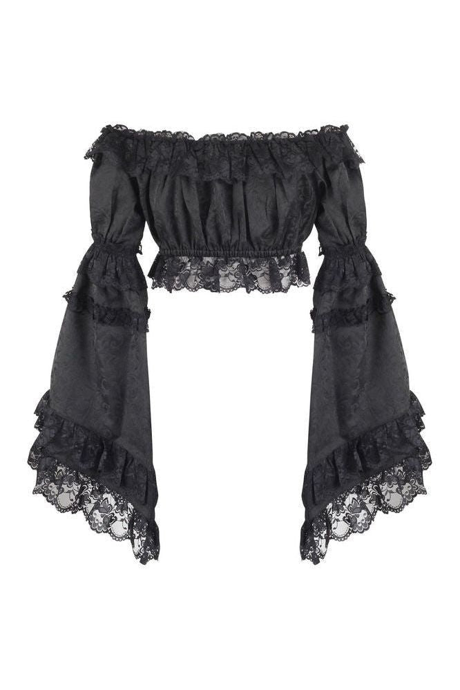 Black Brocade Smocked Flare Sleeve Peasant Top - Daisy Corsets