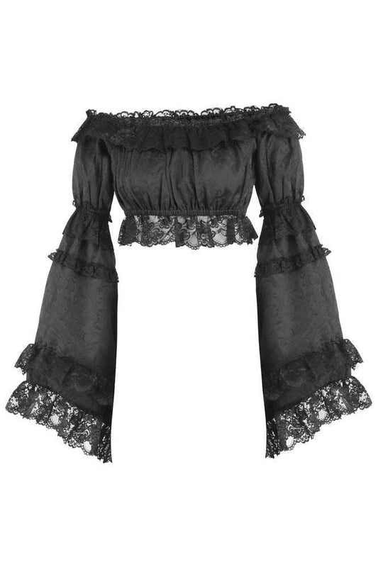 Black Brocade Smocked Flare Sleeve Peasant Top - Daisy Corsets