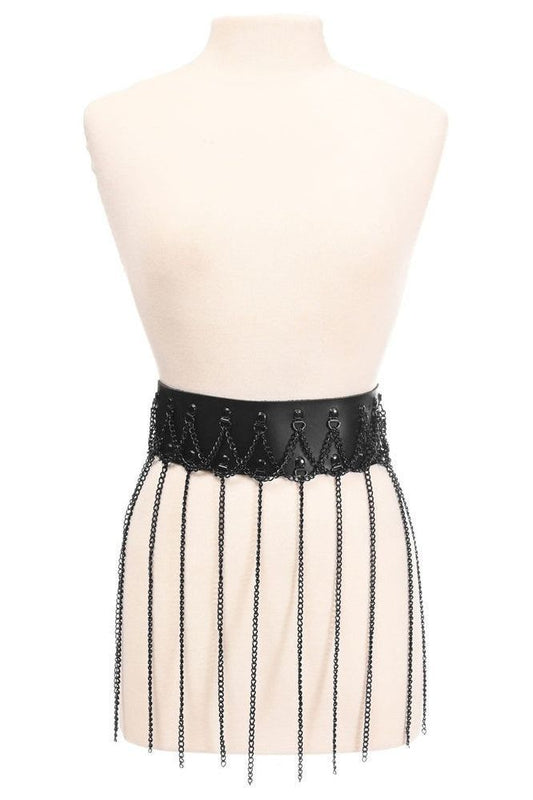 Black Faux Leather & Black Metallic Chain Fringe Skirt - Daisy Corsets