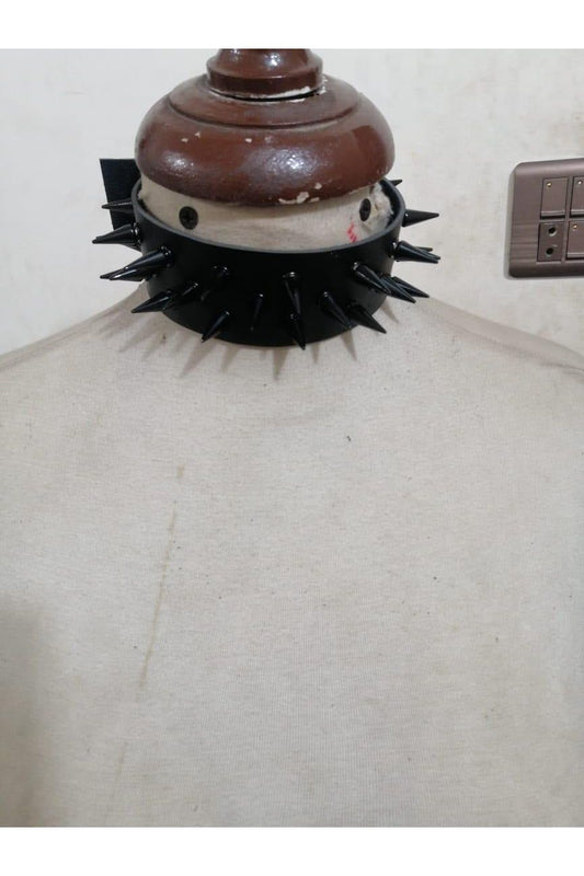 Black Faux Leather & Black Metallic Spike Choker - Daisy Corsets