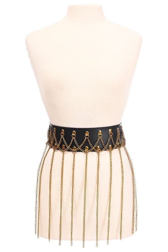 Black Faux Leather & Gold Metallic Chain Fringe Skirt - Daisy Corsets