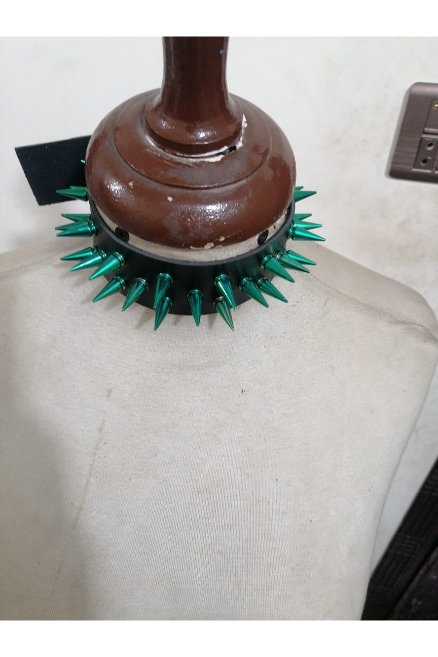 Black Faux Leather & Green Metallic Spike Choker - Daisy Corsets
