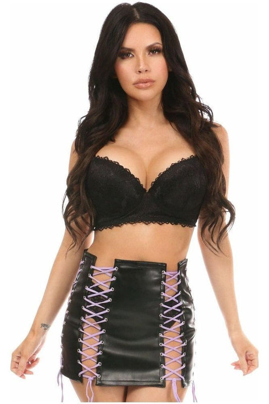 Black Faux Leather Lace - Up Skirt w/Purple Lacing - Daisy Corsets