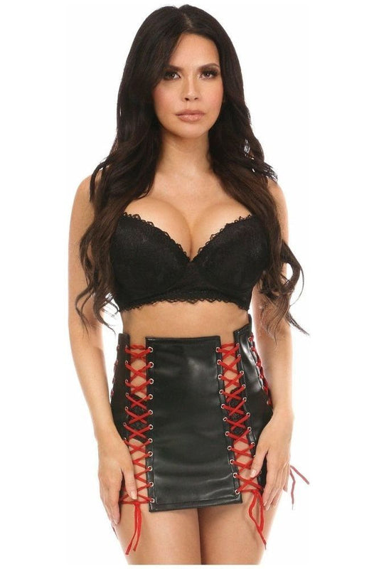 Black Faux Leather Lace - Up Skirt w/Red Lacing - Daisy Corsets