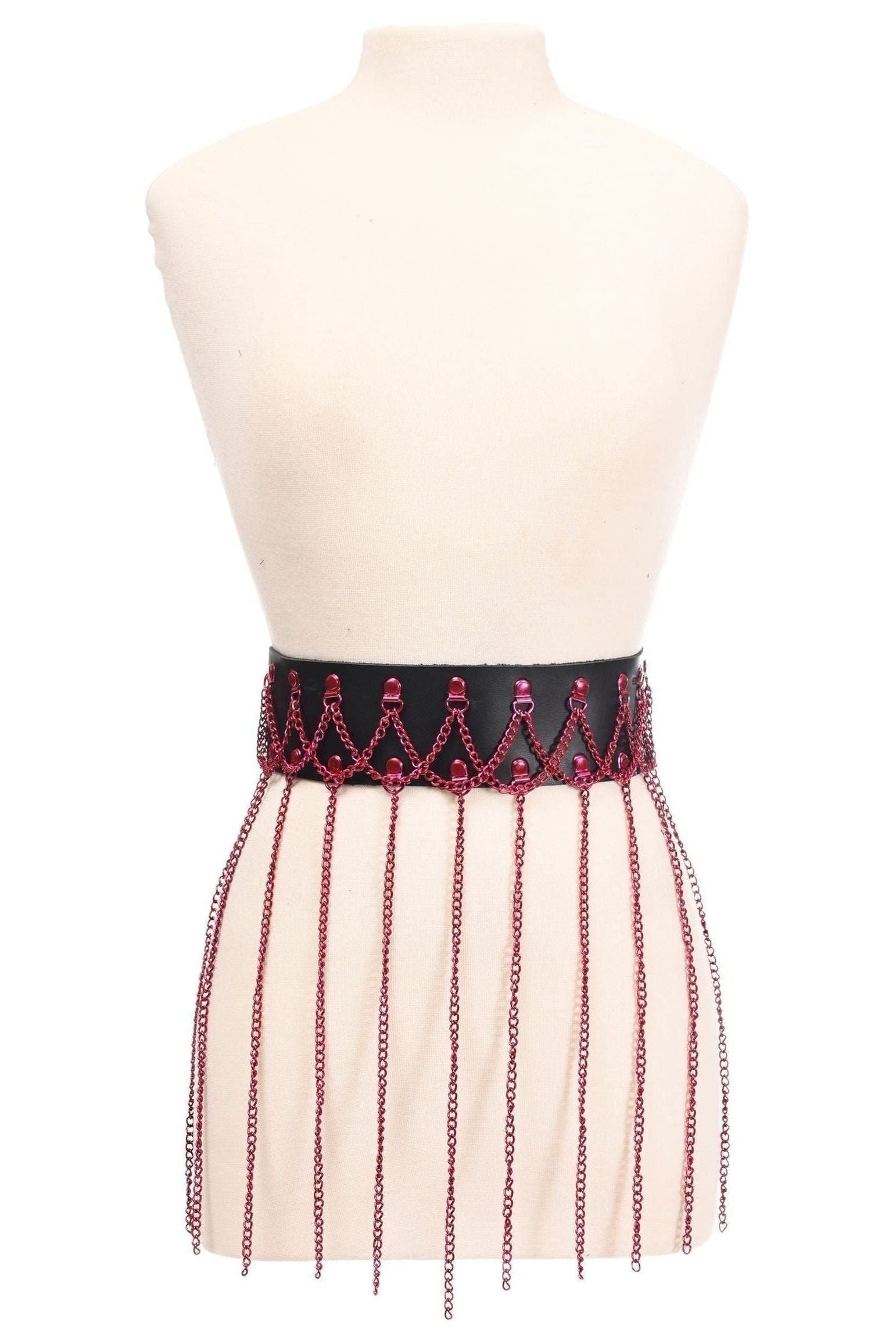 Black Faux Leather & Pink Metallic Chain Fringe Skirt - Daisy Corsets