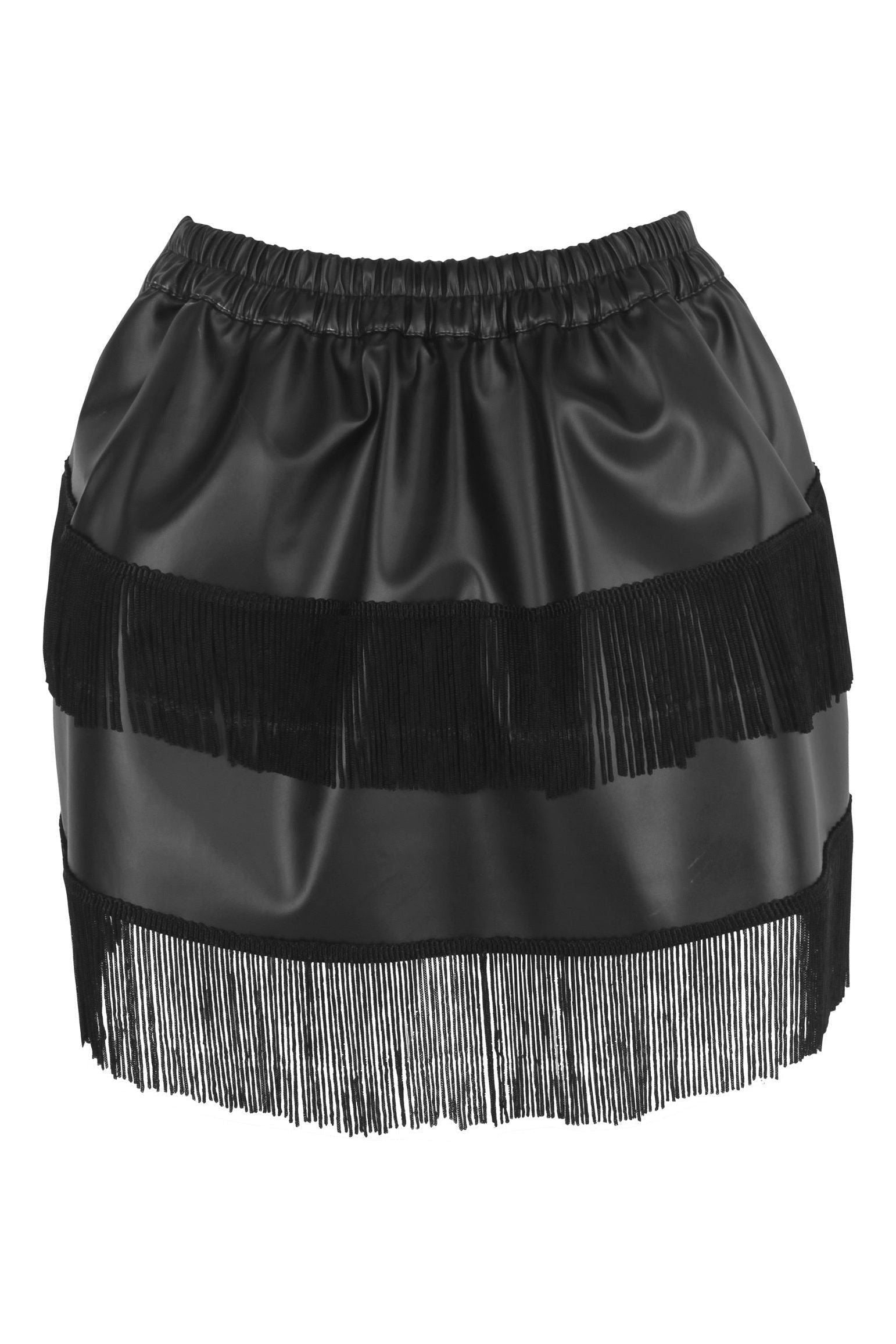 Black Faux Leather Ruched Bustle Skirt w/Fringe - Daisy Corsets