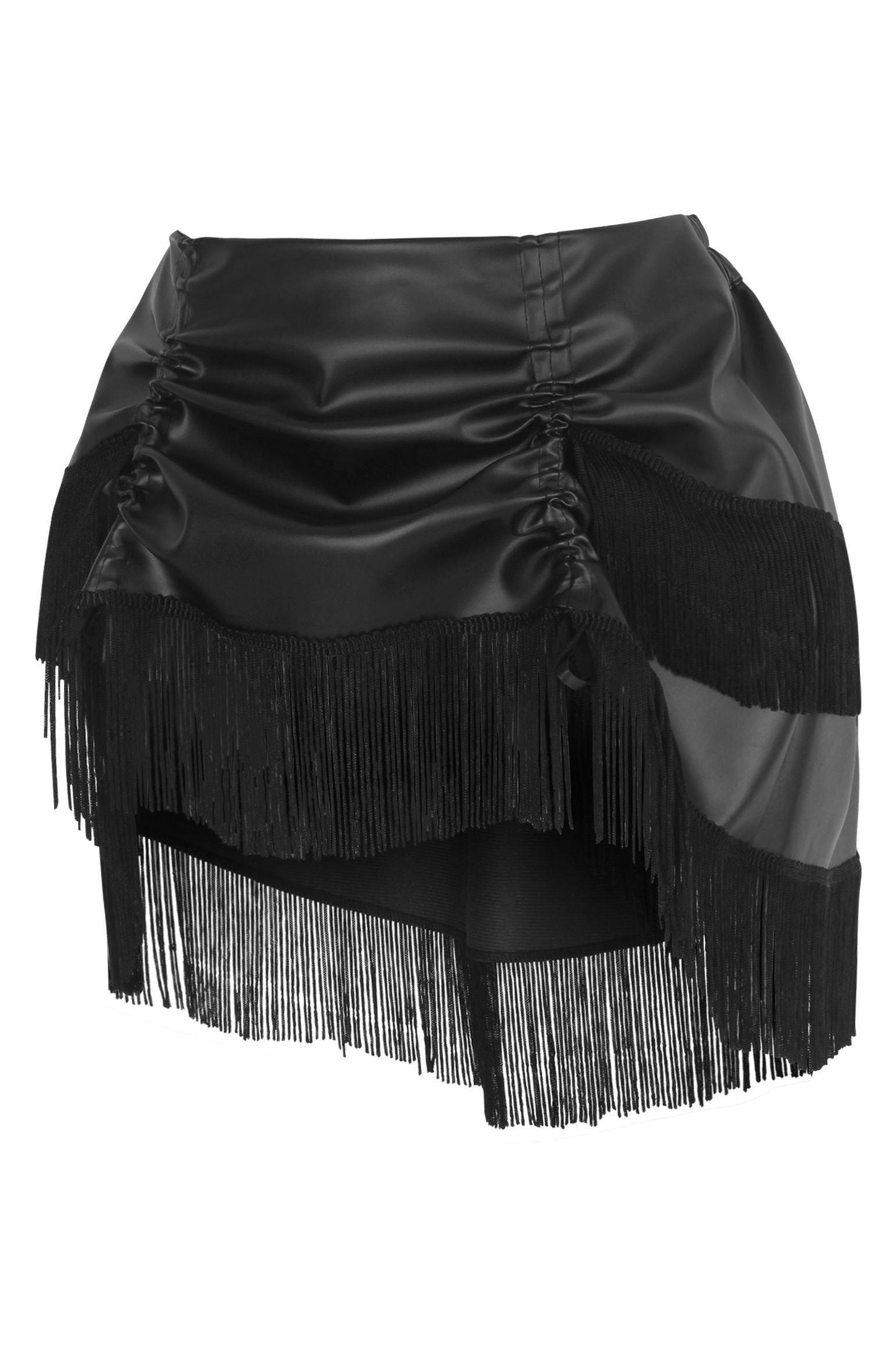 Black Faux Leather Ruched Bustle Skirt w/Fringe - Daisy Corsets