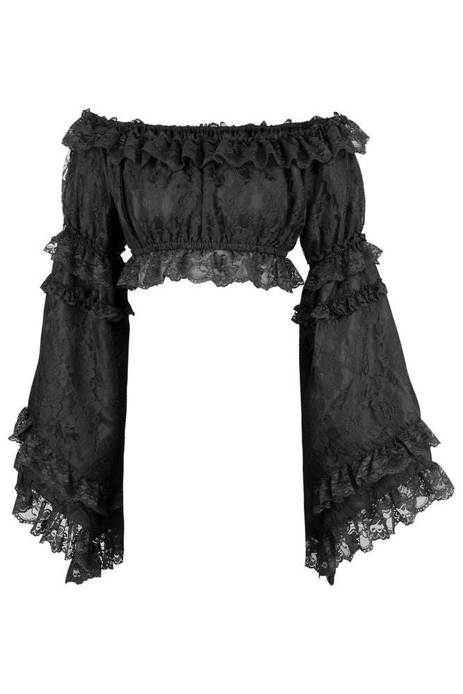 Black Lace Smocked Flare Sleeve Peasant Top - Daisy Corsets