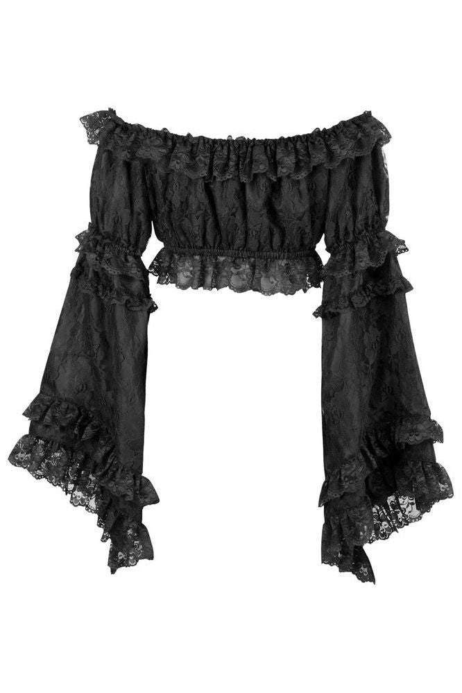Black Lace Smocked Flare Sleeve Peasant Top - Daisy Corsets