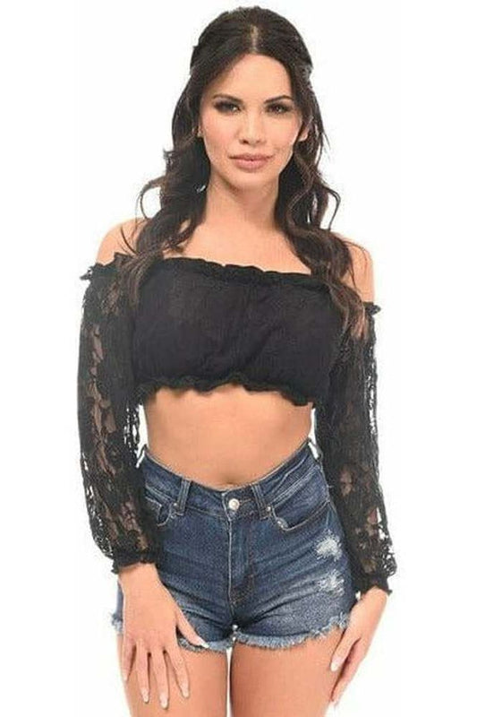 Black Lined Lace Long Sleeve Peasant Top - Daisy Corsets