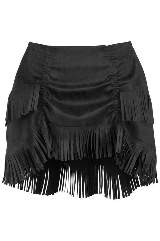 Black Suede Ruched Bustle Skirt w/Fringe - Daisy Corsets