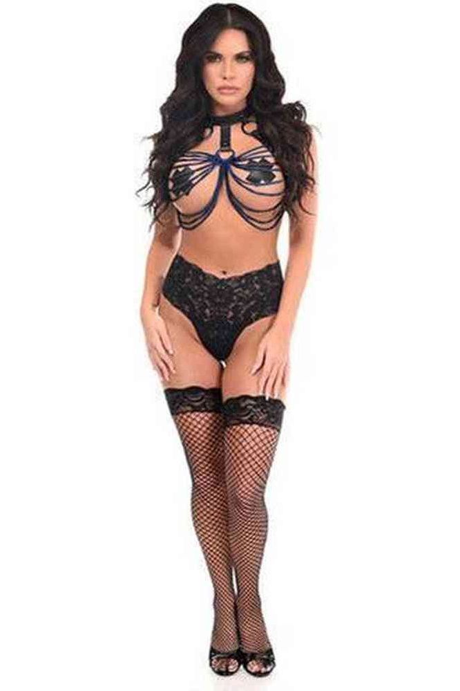 Black Vegan Leather & Blue Metallic Chains Body Harness - Daisy Corsets