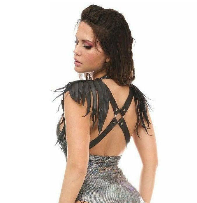 Black Vegan Leather Body Harness w/Shoulder Fringe - Daisy Corsets