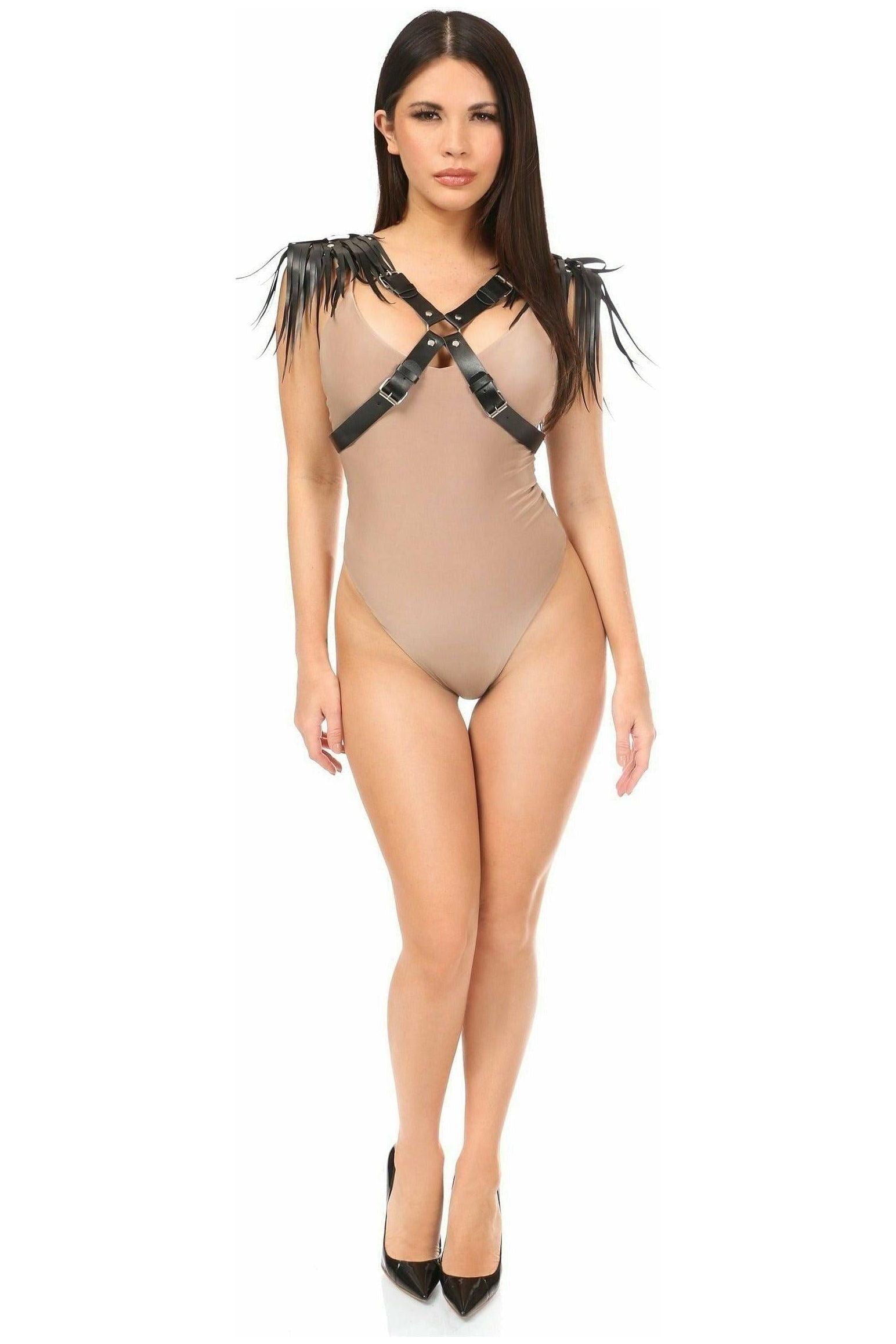 Black Vegan Leather Body Harness w/Shoulder Fringe - Daisy Corsets