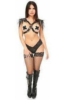 Black Vegan Leather Body Harness w/Shoulder Fringe - Daisy Corsets