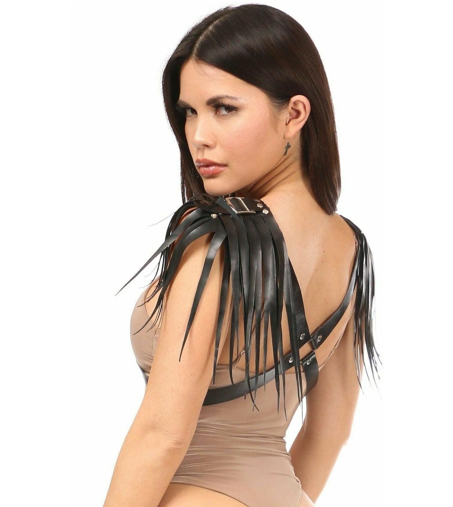 Black Vegan Leather Body Harness w/Shoulder Fringe - Daisy Corsets