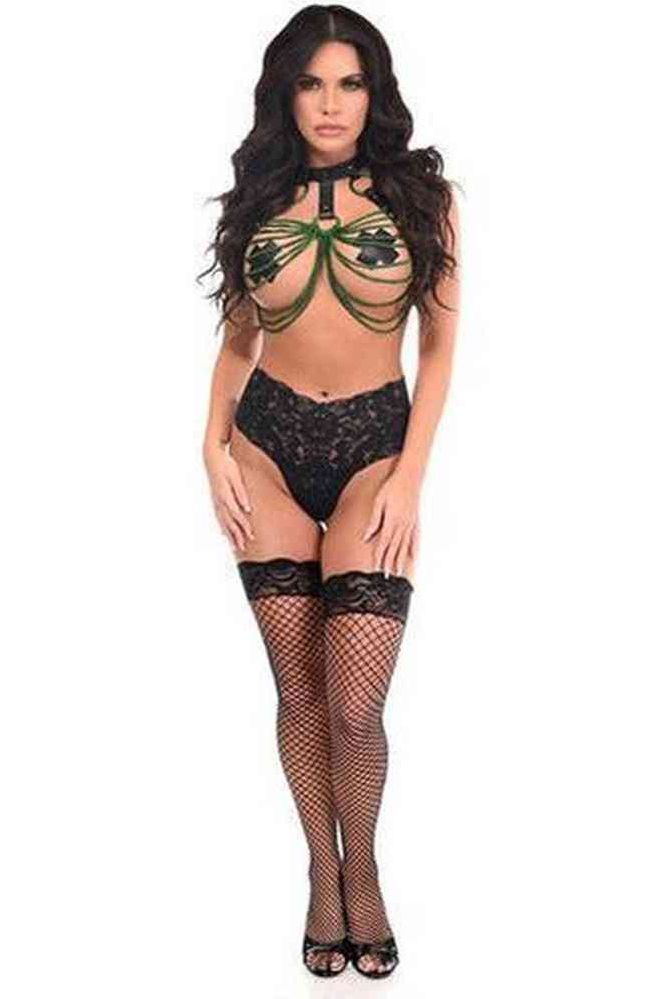 Black Vegan Leather & Green Metallic Chains Body Harness - Daisy Corsets