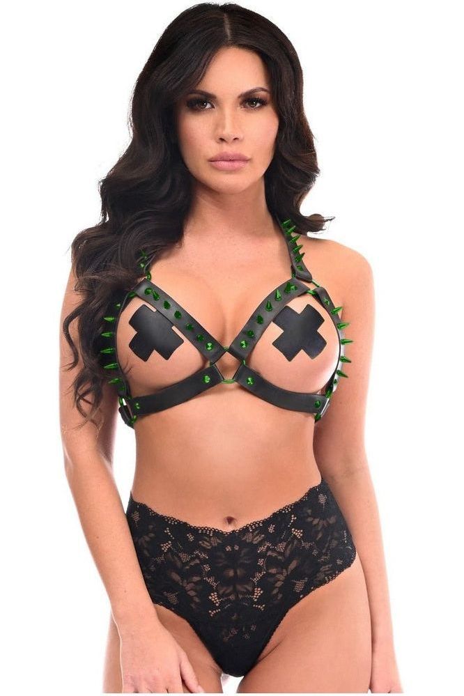 Black Vegan Leather & Green Metallic Spikes Body Harness - Daisy Corsets
