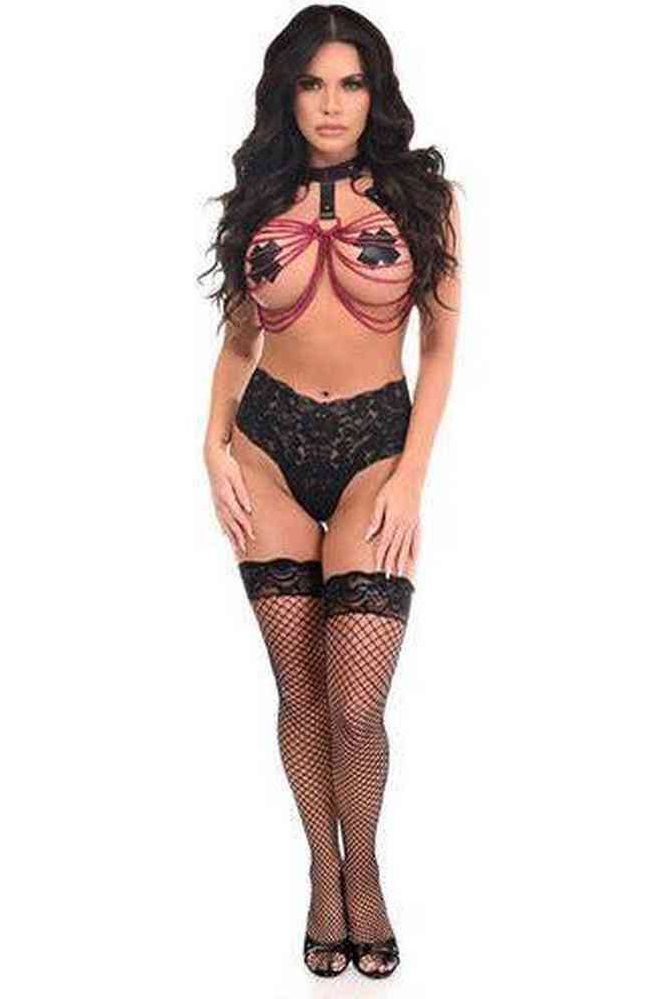 Black Vegan Leather & Pink Metallic Chains Body Harness - Daisy Corsets