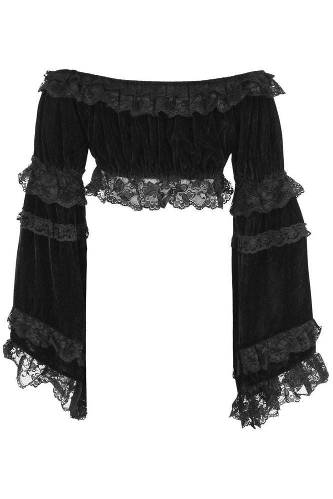 Black Velvet Smocked Flare Sleeve Peasant Top - Daisy Corsets