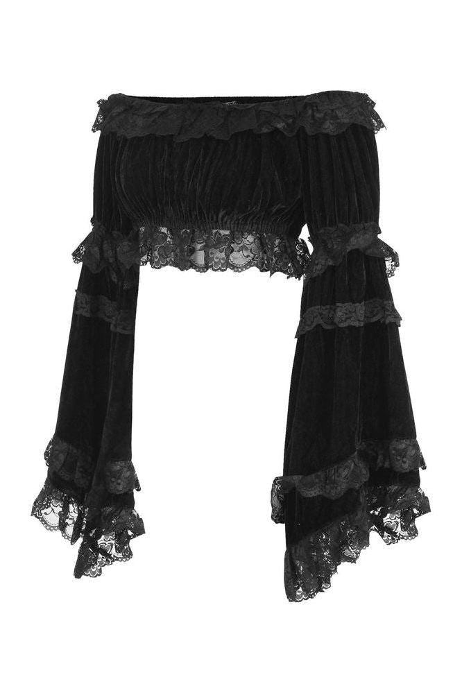 Black Velvet Smocked Flare Sleeve Peasant Top - Daisy Corsets