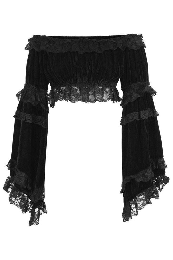 Black Velvet Smocked Flare Sleeve Peasant Top - Daisy Corsets