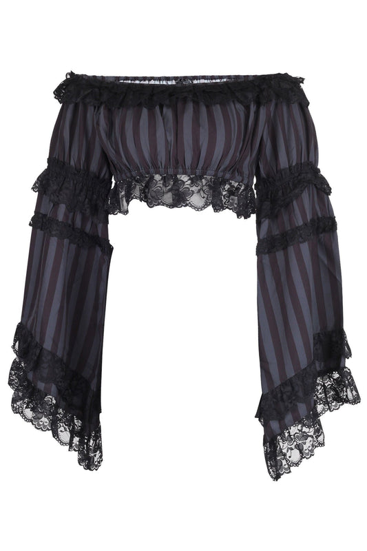 Black/Grey Striped Smocked Flare Sleeve Peasant Top - Daisy Corsets