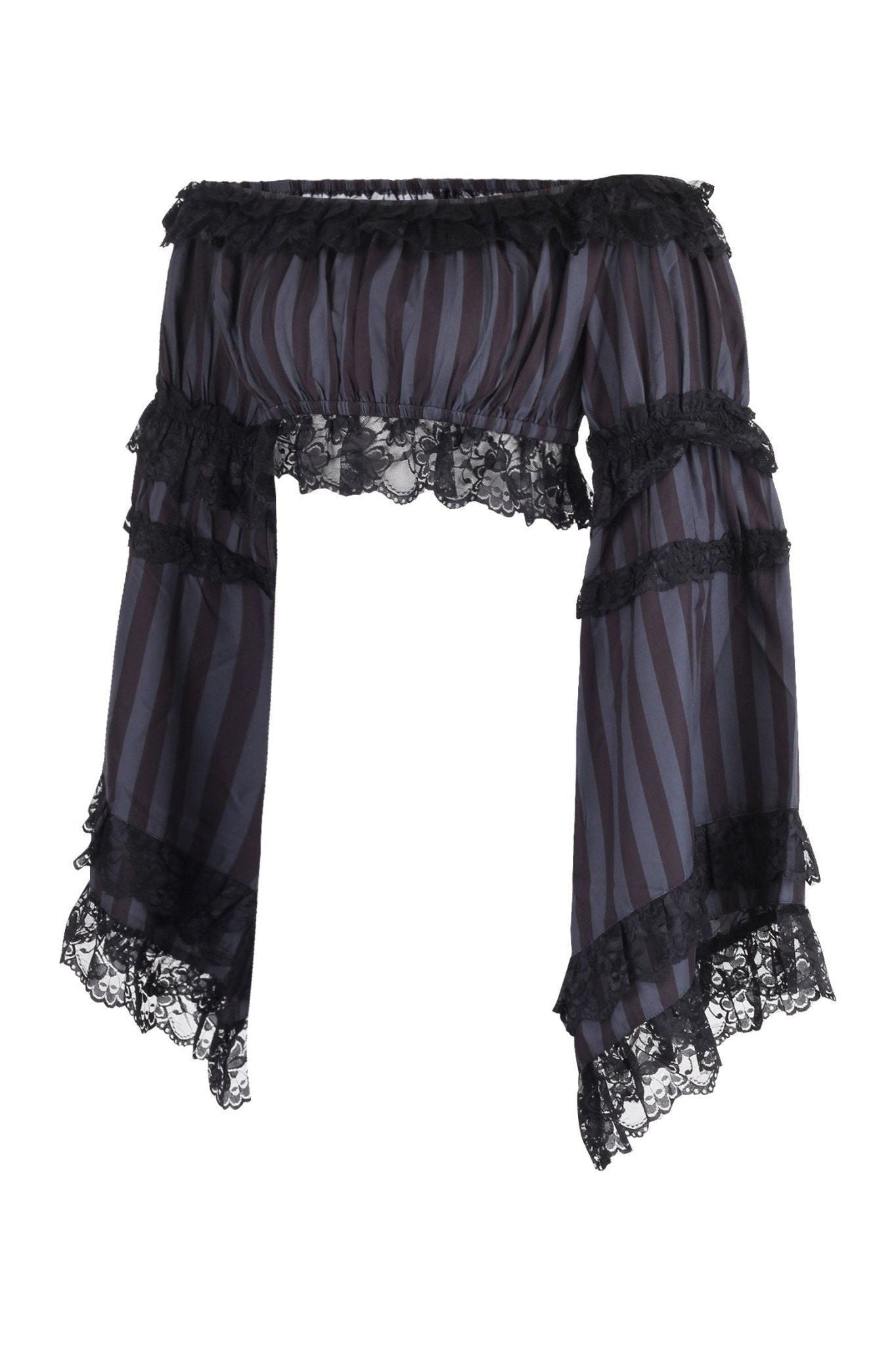 Black/Grey Striped Smocked Flare Sleeve Peasant Top - Daisy Corsets