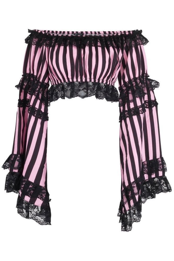 Black/Pink Striped Smocked Flare Sleeve Peasant Top - Daisy Corsets