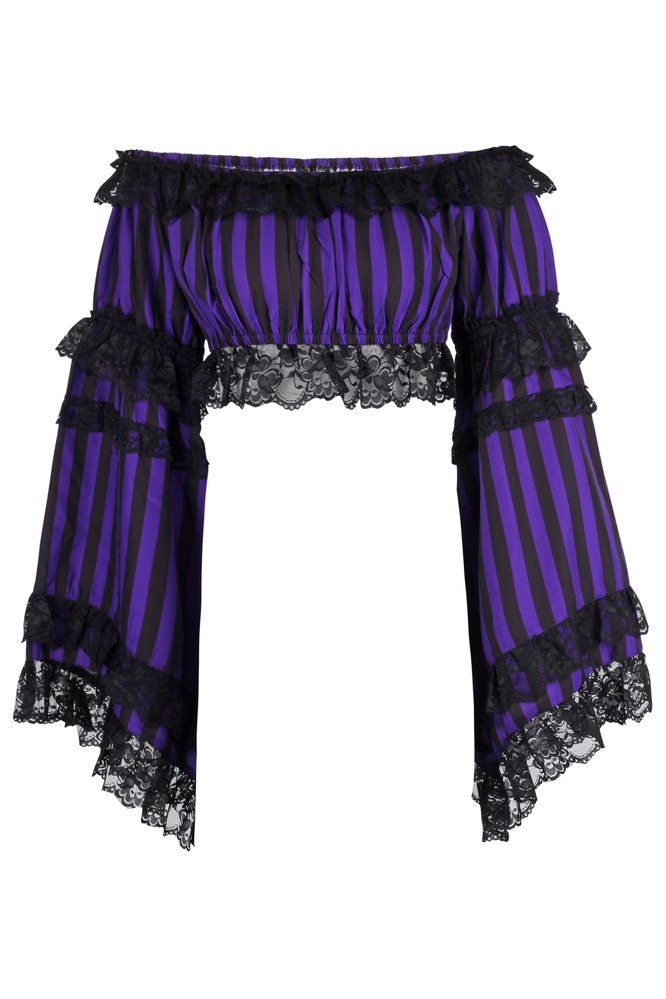 Black/Purple Striped Smocked Flare Sleeve Peasant Top - Daisy Corsets