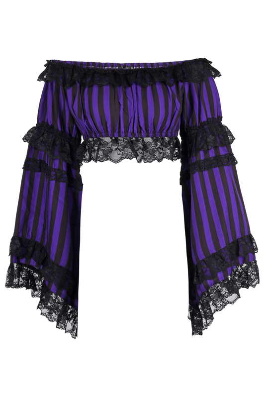 Black/Purple Striped Smocked Flare Sleeve Peasant Top - Daisy Corsets