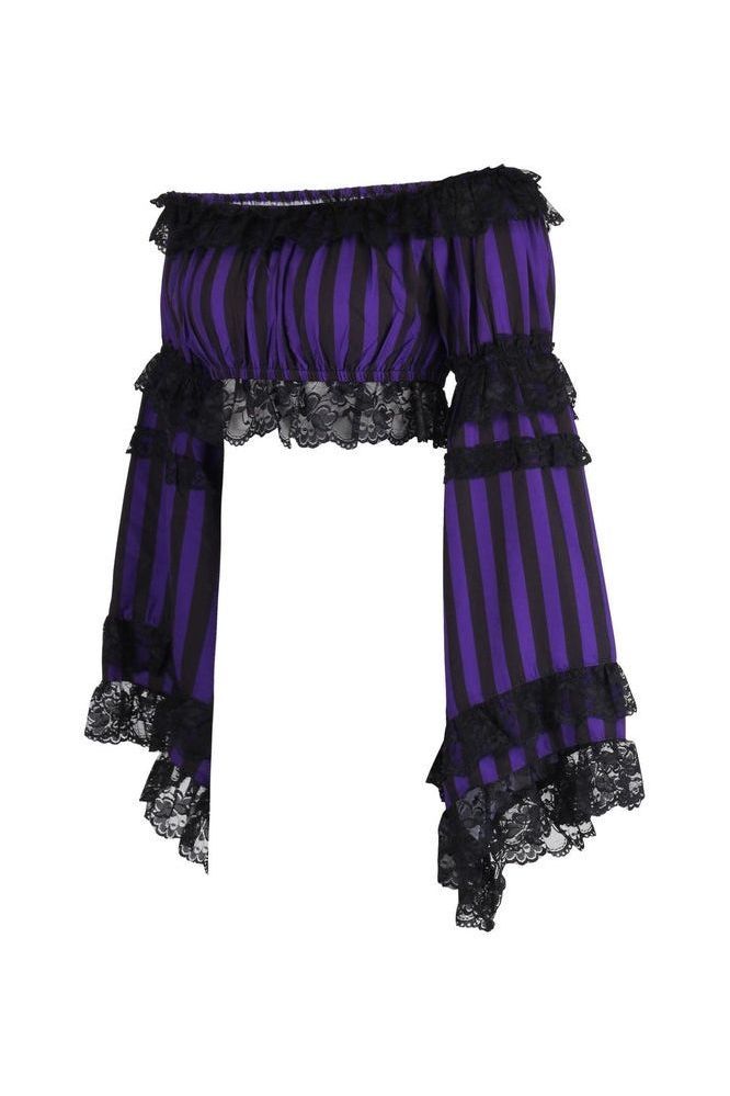 Black/Purple Striped Smocked Flare Sleeve Peasant Top - Daisy Corsets