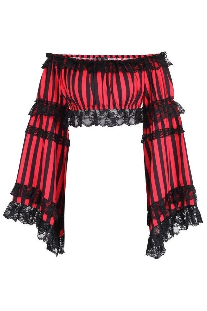 Black/Red Striped Smocked Flare Sleeve Peasant Top - Daisy Corsets