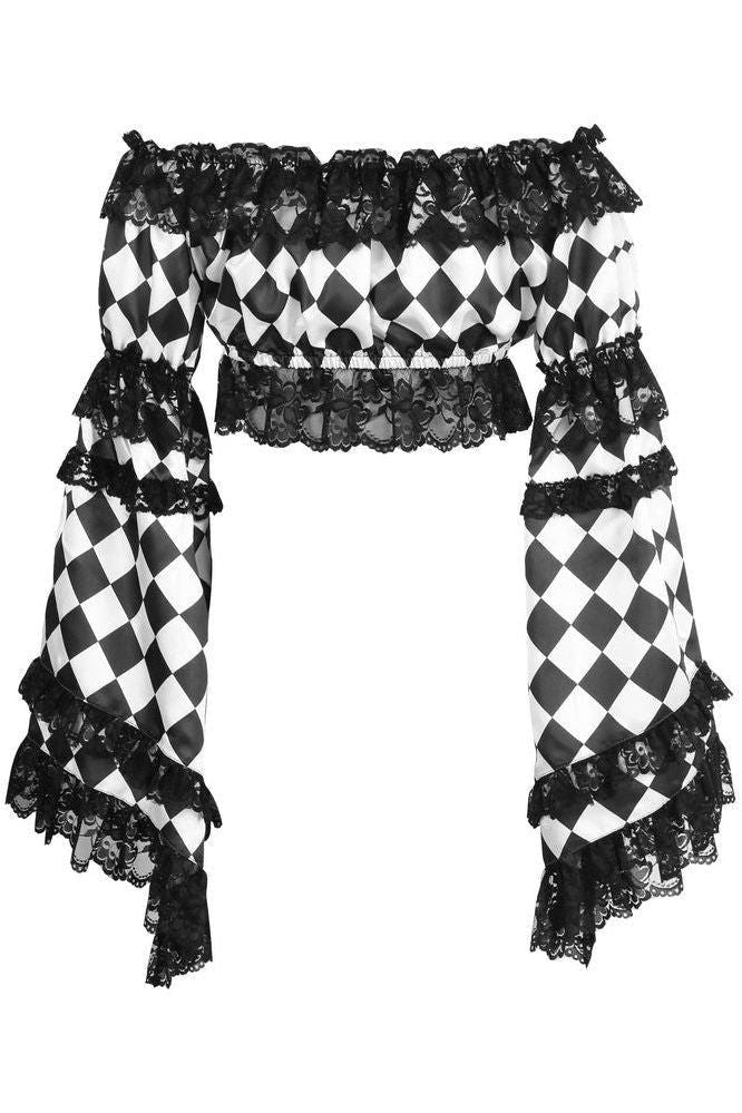 Black/White Diamond Print Satin & Lace Peasant Top - Daisy Corsets