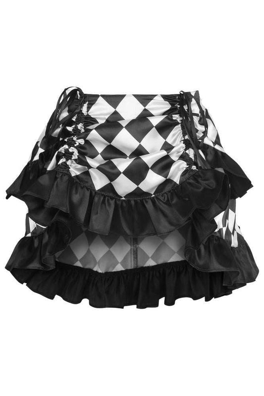 Black/White Diamond Print Satin Ruched Bustle Skirt - Daisy Corsets