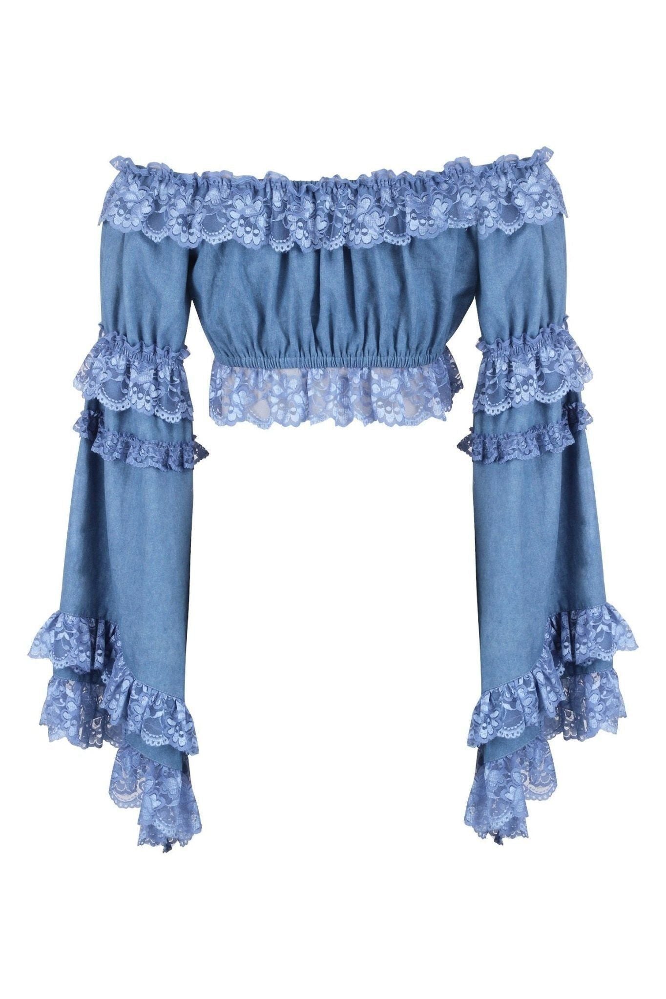 Blue Denim Smocked Flare Sleeve Peasant Top - Daisy Corsets
