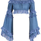 Blue Denim Smocked Flare Sleeve Peasant Top - Daisy Corsets