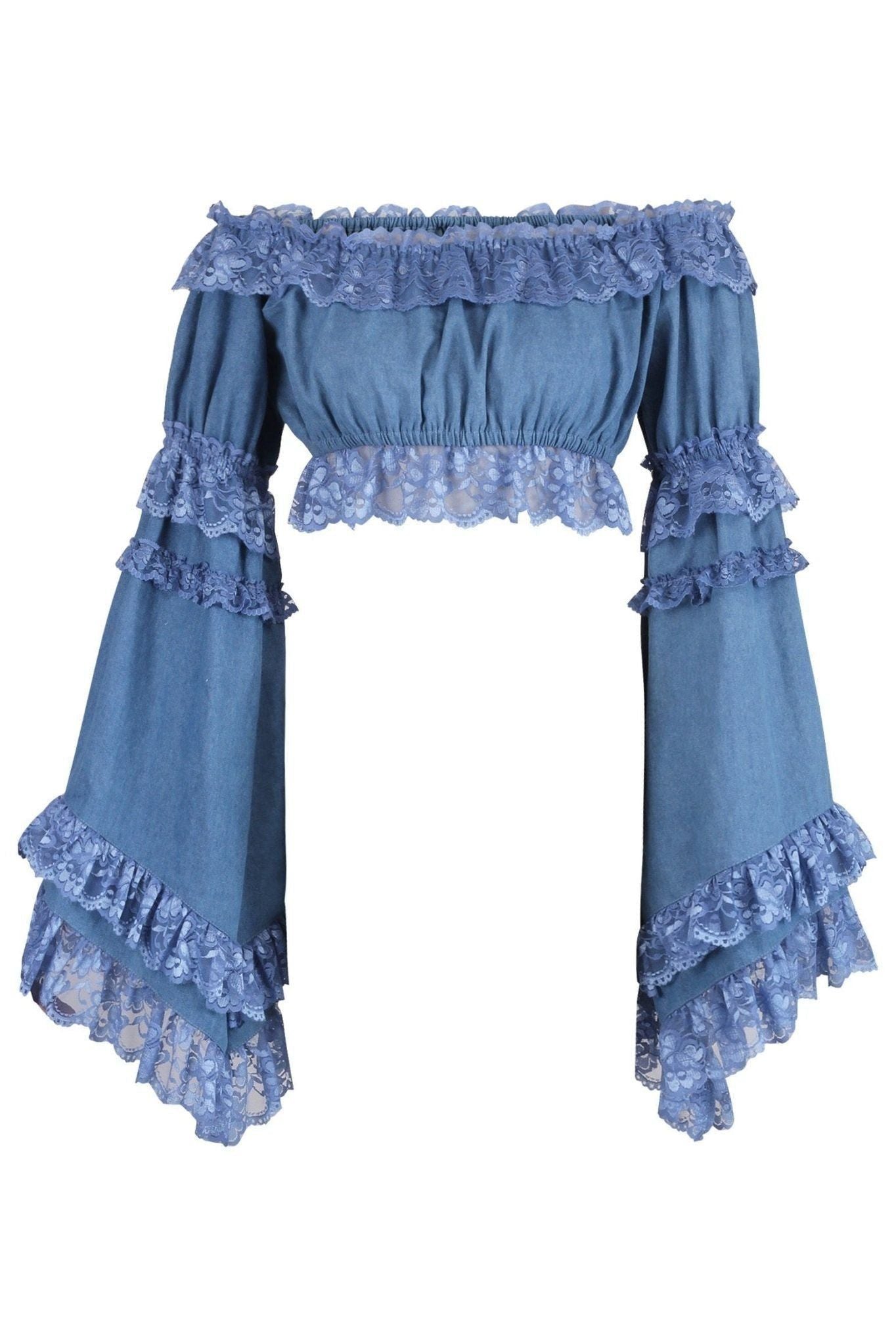 Blue Denim Smocked Flare Sleeve Peasant Top - Daisy Corsets