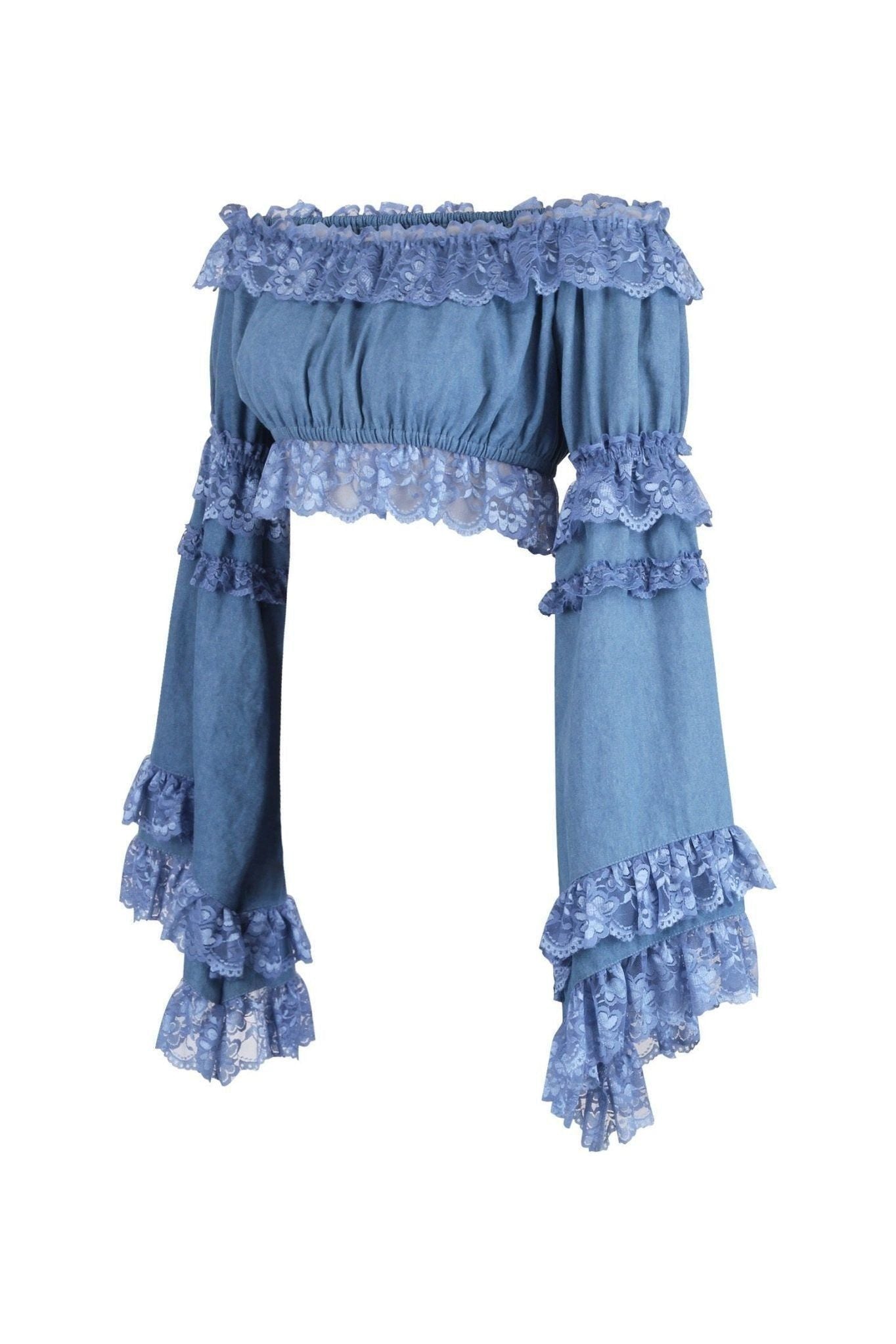 Blue Denim Smocked Flare Sleeve Peasant Top - Daisy Corsets
