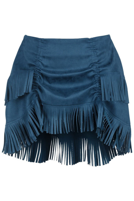 Blue Suede Ruched Bustle Skirt w/Fringe - Daisy Corsets